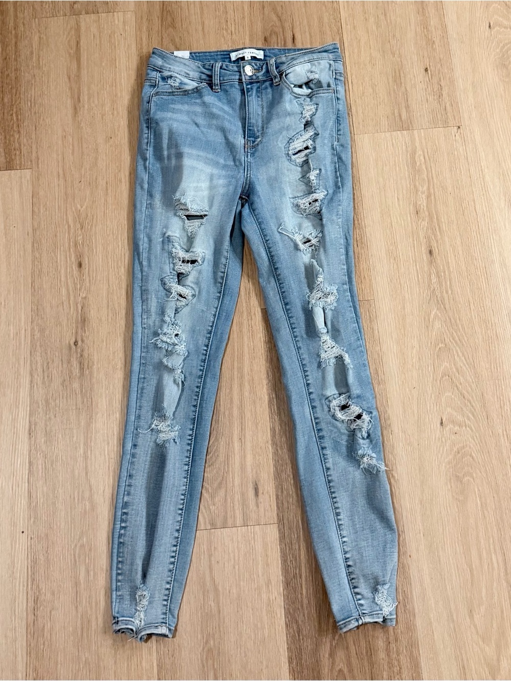 Almost Famous Heavy Distressed Light Blue Wash Women's Skinny Jeans size 5 Y2K